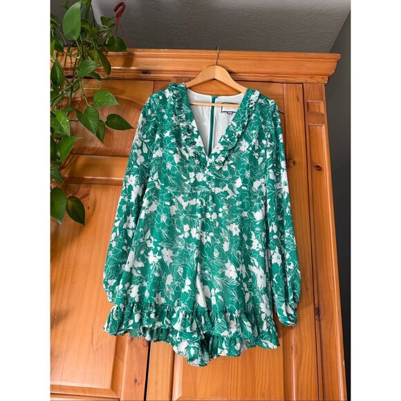 Alexis Green & White Floral Long-Sleeve Ruffle Romper SZ L - Picture 4 of 12